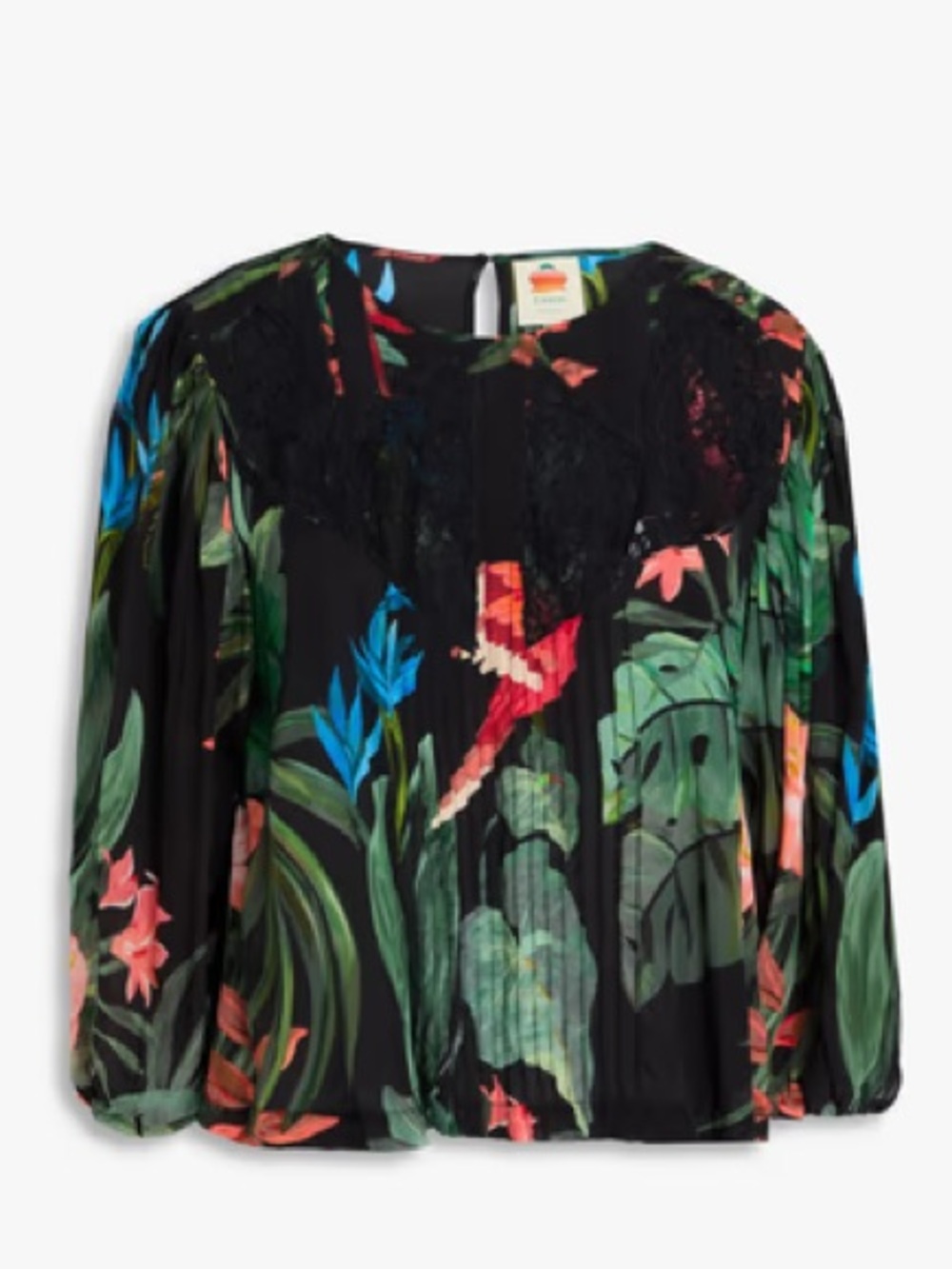 FARM Rio Midnight Macaw Fiesta Black Blouse with Lace Detail Tropical Top - Picture 10 of 10